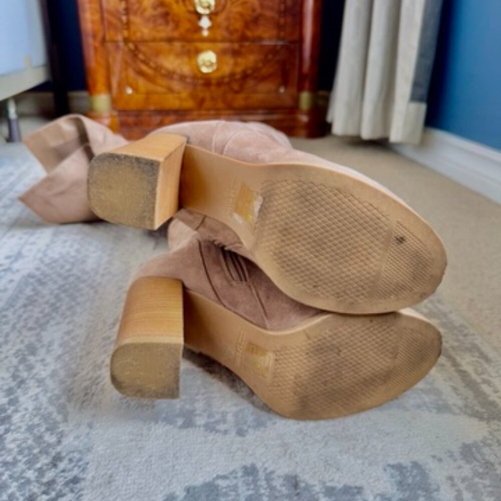 Tan Vegan Suede Over The Knee Stacked Wooden Heel Boots - Picture 8 of 8